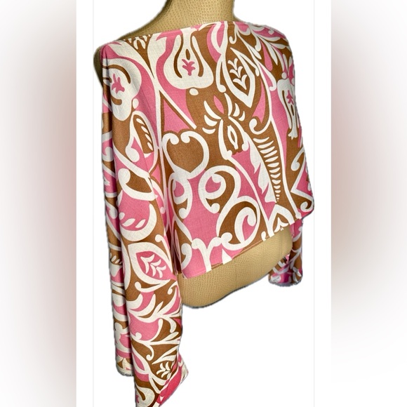 Linen Boho Retro Print Crop Top | Pink & Tan Off-Shoulder Wide Sleeve Blouse - Picture 9 of 9